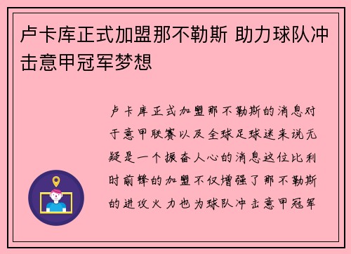 卢卡库正式加盟那不勒斯 助力球队冲击意甲冠军梦想 卢卡库正式加盟那不勒斯 助力球队冲击意甲冠军梦想