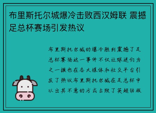 布里斯托尔城爆冷击败西汉姆联 震撼足总杯赛场引发热议